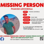 missing person poster Phakiso Lekhoehla