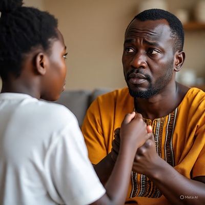 South African parent teaching child about dangers of human trafficking