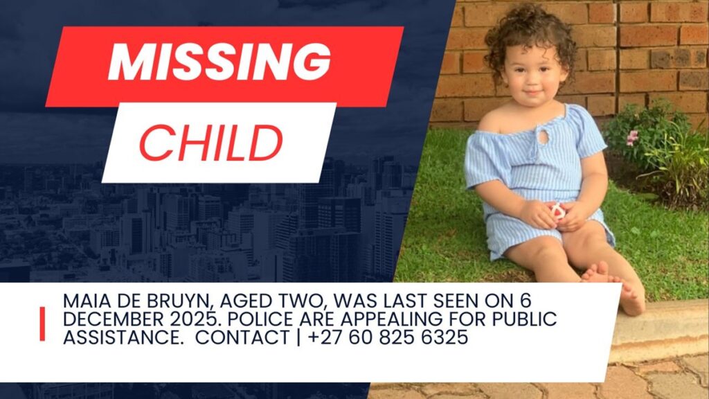 Poster showing two-year-old Maia De Bruyn reported missing from Eco Park Estate