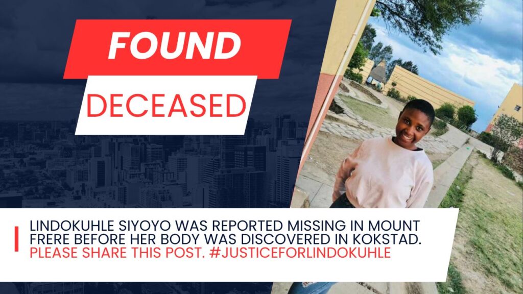Missing person photo of Lindokuhle Siyoyo on a poster, she was found deceased in Kokstad