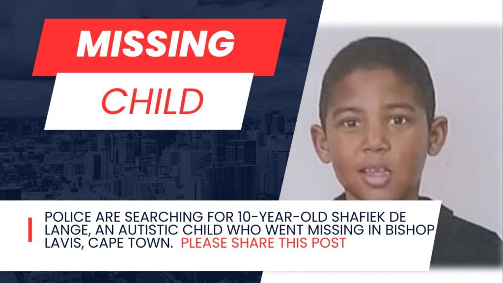 Missing child poster for Shafiek De Lange, 10, who went missing in Bishop Lavis, Cape Town.