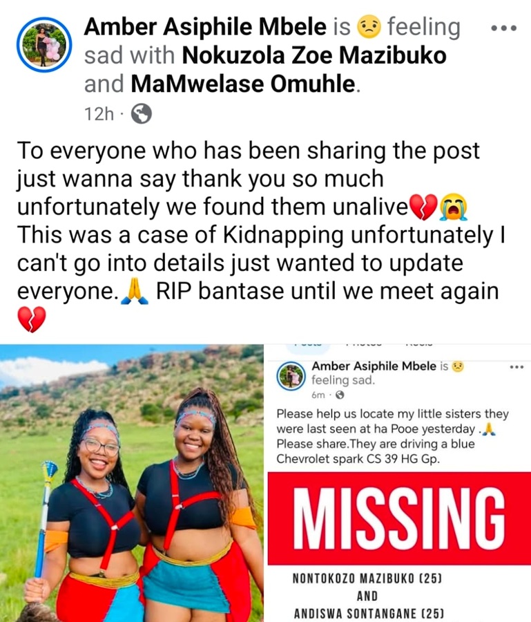 Screenshot of a family member confirming the deaths of Evaton sisters Nontokozo Mazibuko and Andiswa Sontangane on Facebook