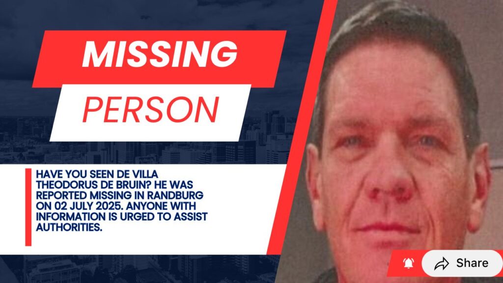 Missing Man De Villa Theodorus De Bruin, 49 – Randburg Police Appeal for Public Help 2 photograph of De Villa Theodorus De Bruin used for identification. Please share information with Randburg SAPS if you recognise him.