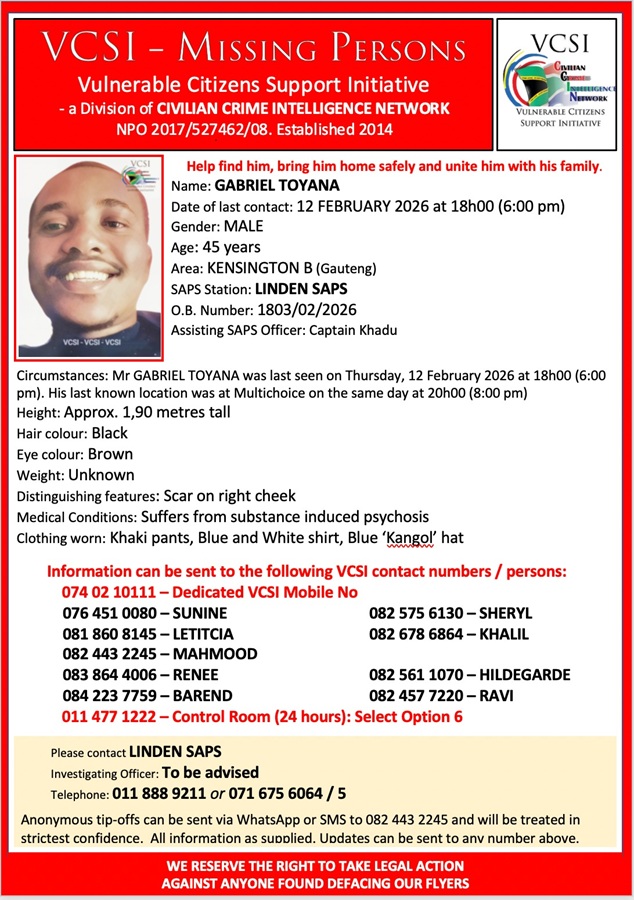 Search for Gabriel Toyana Continues After Kensington B Disappearance 3 Missing person poster for Gabriel Toyana with contact numbers and case details seeking public assistance.
