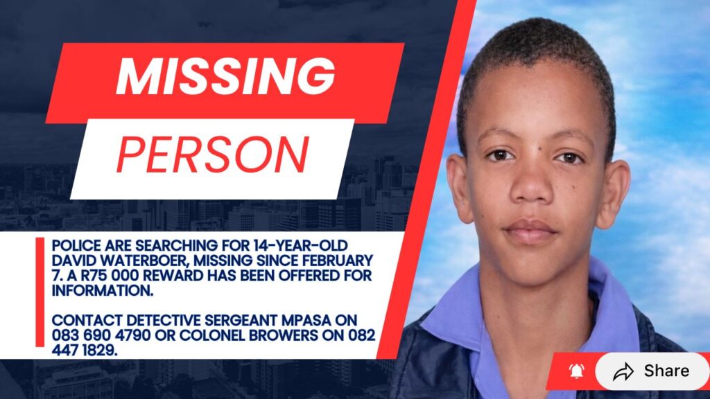 David Augustin Waterboer, 14-year-old missing boy from Nababeep, Northern Cape, last seen on 7 February 2025.