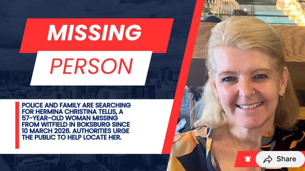 Search for Hermina Christina Tellis After Disappearance in Witfield 2 Missing person poster for Hermina Christina Tellis who disappeared from Witfield, Boksburg.