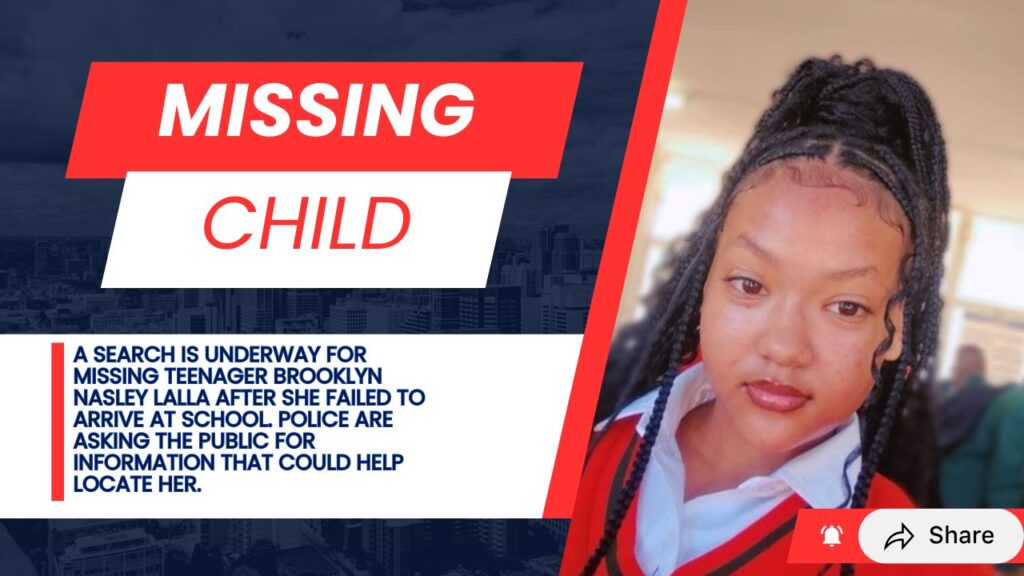 Brooklyn Nasley Lalla Found Safe and Reunited With Family After Search in Jeppe 2 Missing person poster for Brooklyn Nasley Lalla showing her in a SCHOOL UNIFORM, used during the search in Jeppe