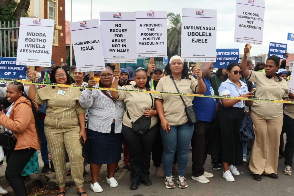 Protesters outside KwaDukuza Magistrate’s Court during Monswamy murder case proceedings