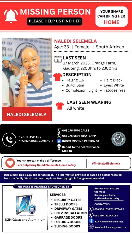 Missing person poster for Naledi Selemela Orange Farm South Africa case 2023