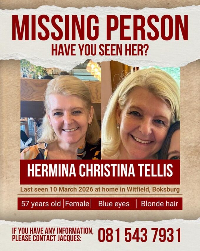 Hermina “Ina” Tellis Missing: Family Marks One Month With No Trace 2 Missing person poster for Hermina Christina “Ina” Tellis, Witfield, Boksburg.