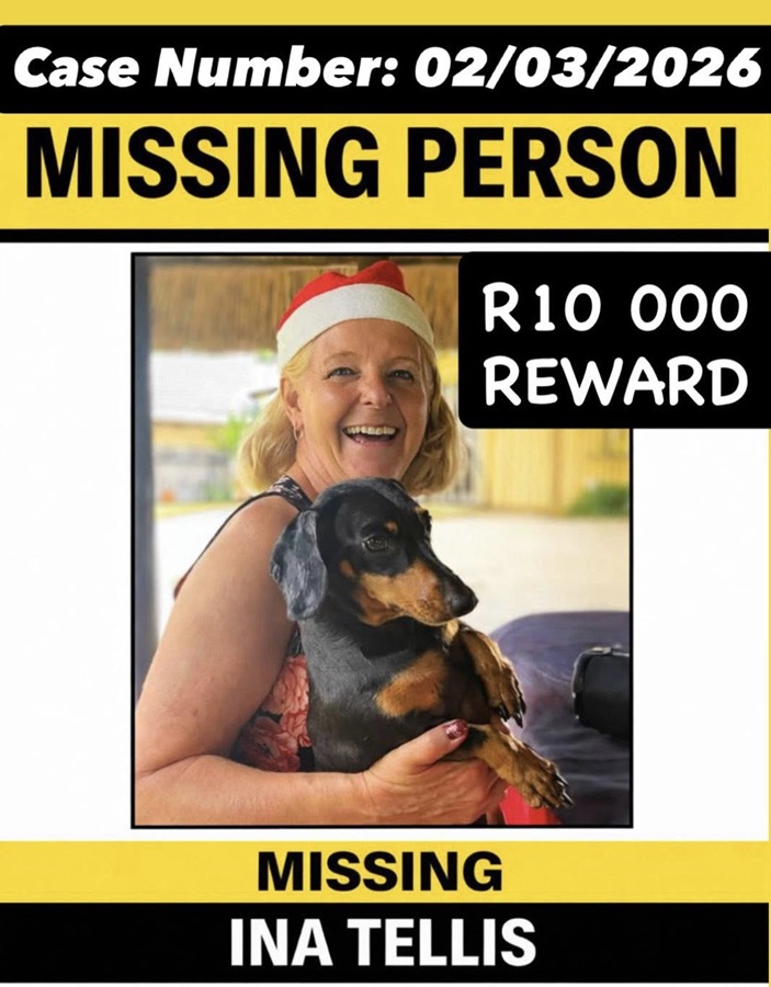 Hermina “Ina” Tellis Missing: Family Marks One Month With No Trace 3 Missing person poster offering R10,000 reward for information leading to Hermina Christina “Ina” Tellis, Witfield, Boksburg.