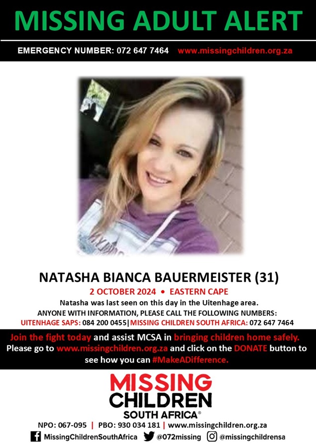 Missing Person poster for Natasha Bauermeister who is missing in eastern cape
