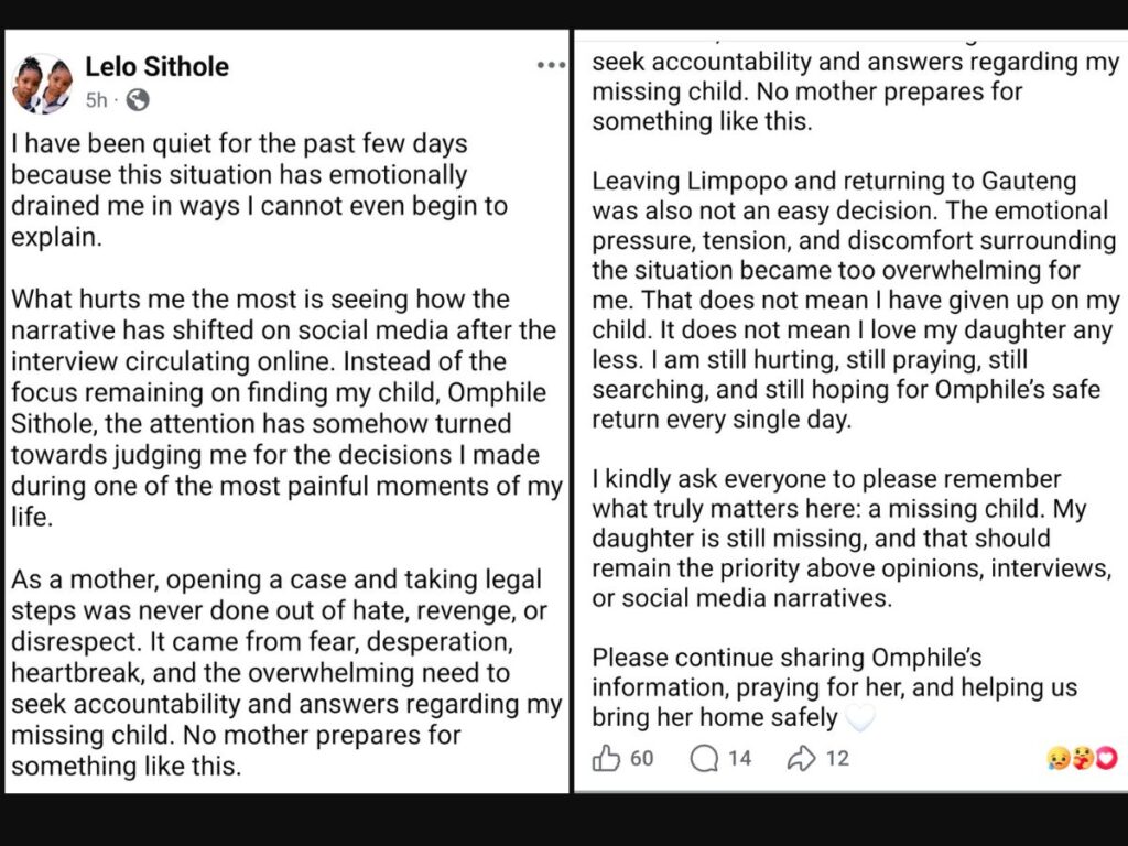 Omphile Sethole Missing in Limpopo: Mother Opens Child Negligence Case as Police Arrest Grandparents 2 Omphile Sethole’s mother shared a public Facebook statement responding to the ongoing attention and calling for focus on her missing child.