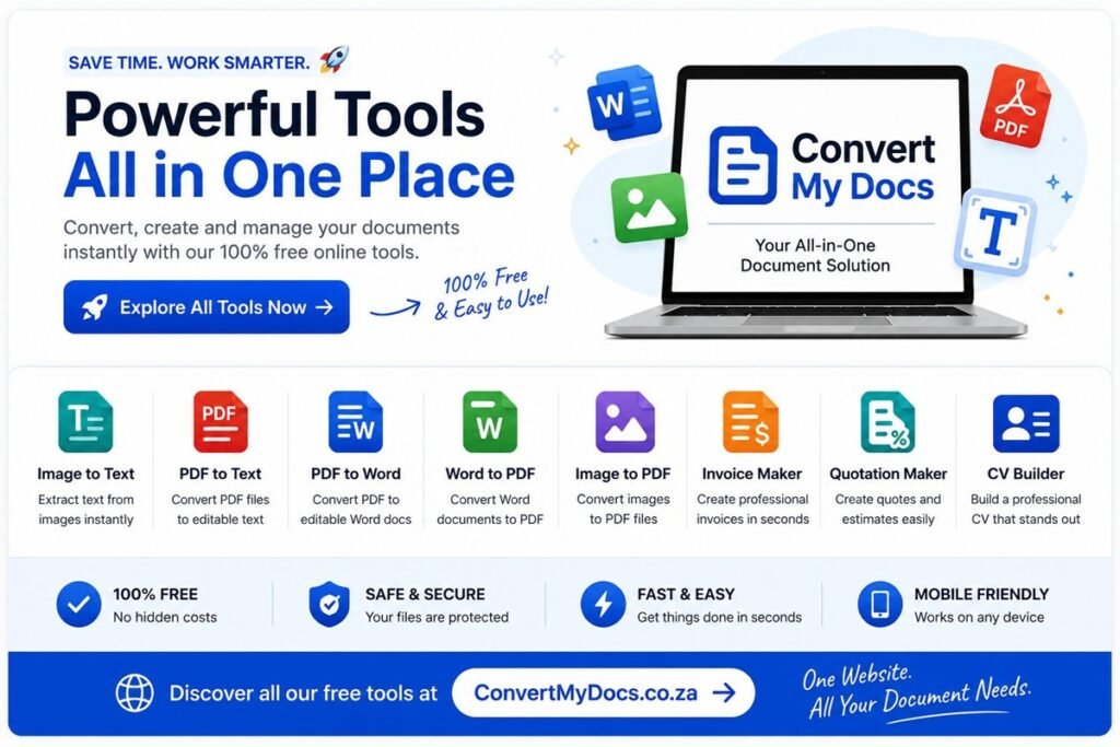 ConvertMyDocs free online tools including CV Builder, Invoice Maker, Quotation Maker, Purchase Order Maker, PDF Converter and Image to Text Converter
