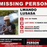 Missing person Lwando Lusasa, last seen in Bluff, KwaZulu-Natal.