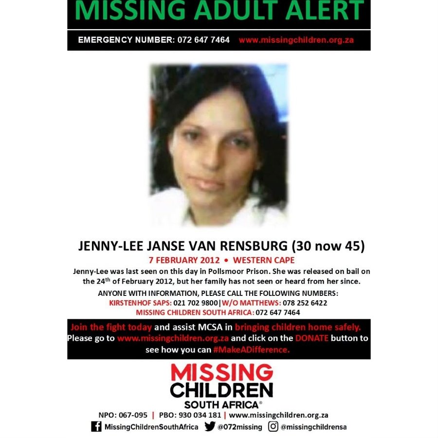 Jenny-Lee Janse van Rensburg Missing for 14 Years: SAPS Confirms 2014 Krugersdorp Arrest 3 Jenny-Lee Janse van Rensburg missing person poster from Missing Children South Africa