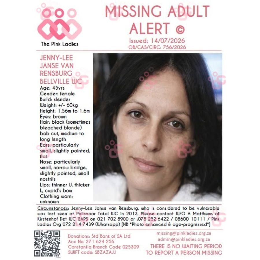 Jenny-Lee Janse van Rensburg Missing for 14 Years: SAPS Confirms 2014 Krugersdorp Arrest 2 Jenny-Lee Janse van Rensburg missing person appeal shared by Pink Ladies