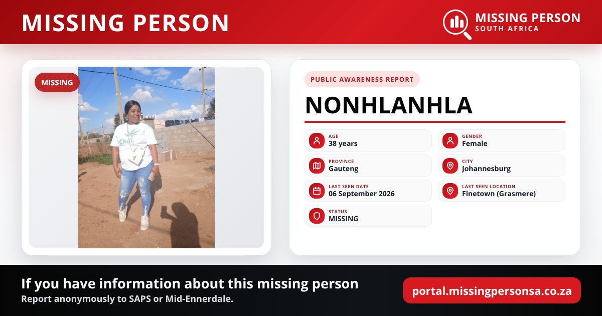 Nonhlanhla Bodlani, 38, Missing After Leaving Home to Do Laundry in Finetown